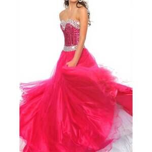 NEW PRECIOUS FORMALS beaded strapless tulle gown in fuchsia